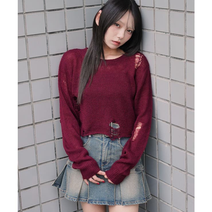 ワイン | モヘアタッチダメージショートニット | WEGO【WOMEN】