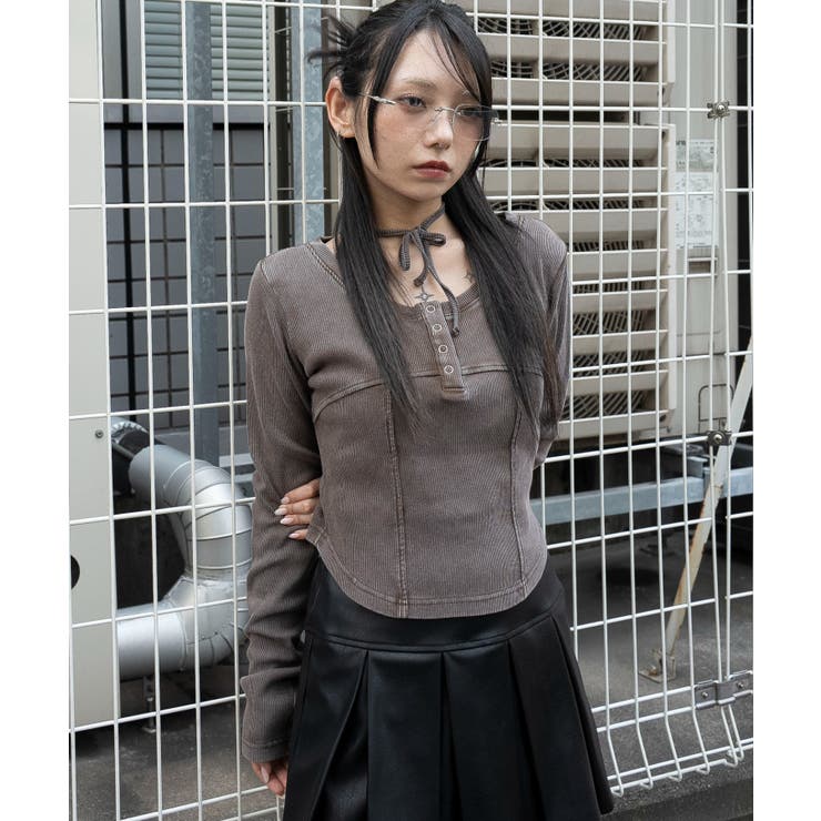 ヴィンテージウォッシュネックリボントップス[品番：WG010096088