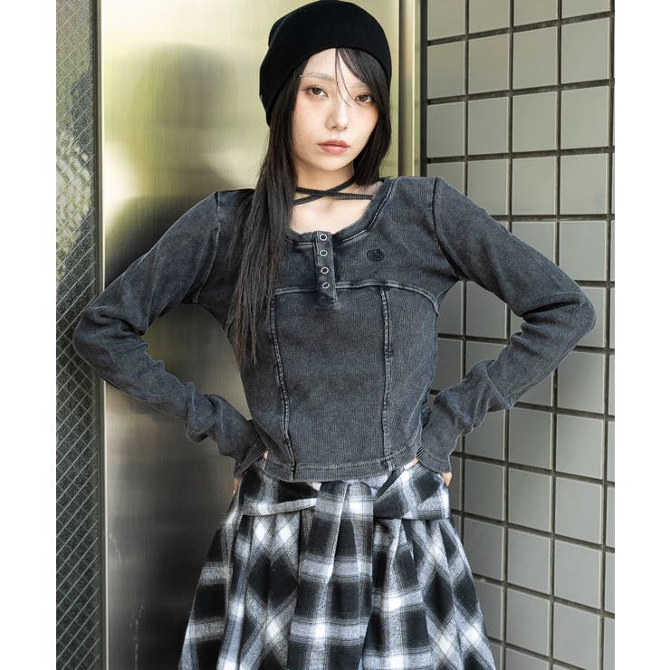 ヴィンテージウォッシュネックリボントップス[品番：WG010096088