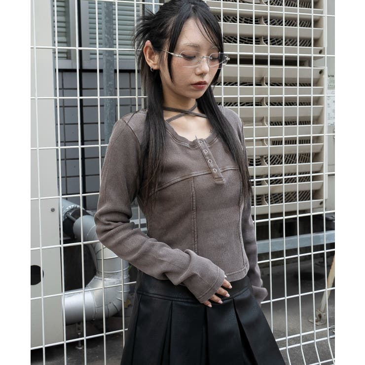 ヴィンテージウォッシュネックリボントップス[品番：WG010096088