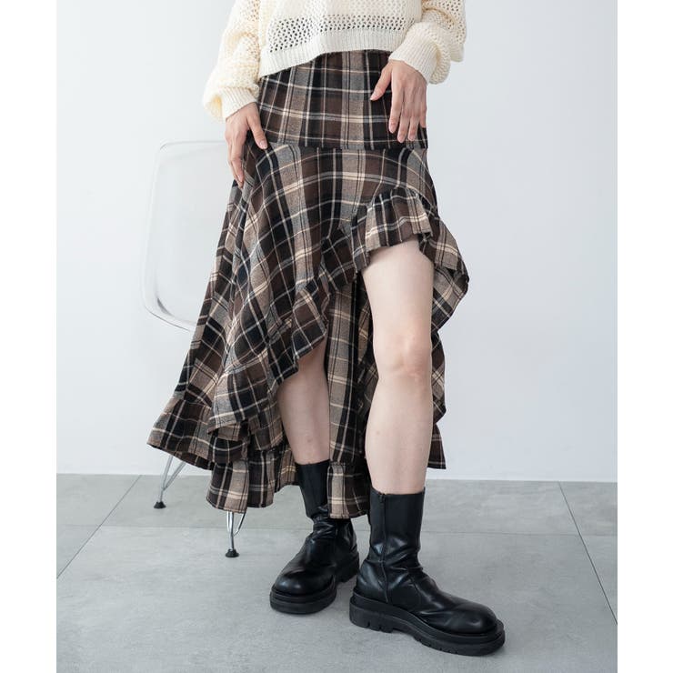 チェックアシンメトリーフリルロングスカート[品番：WG010096097