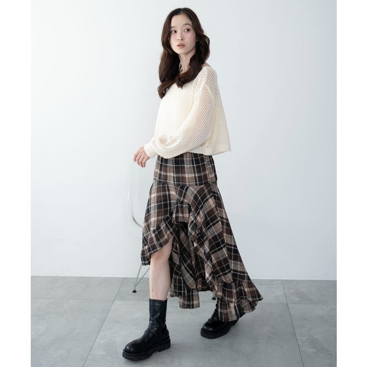 チェックアシンメトリーフリルロングスカート[品番：WG010096097