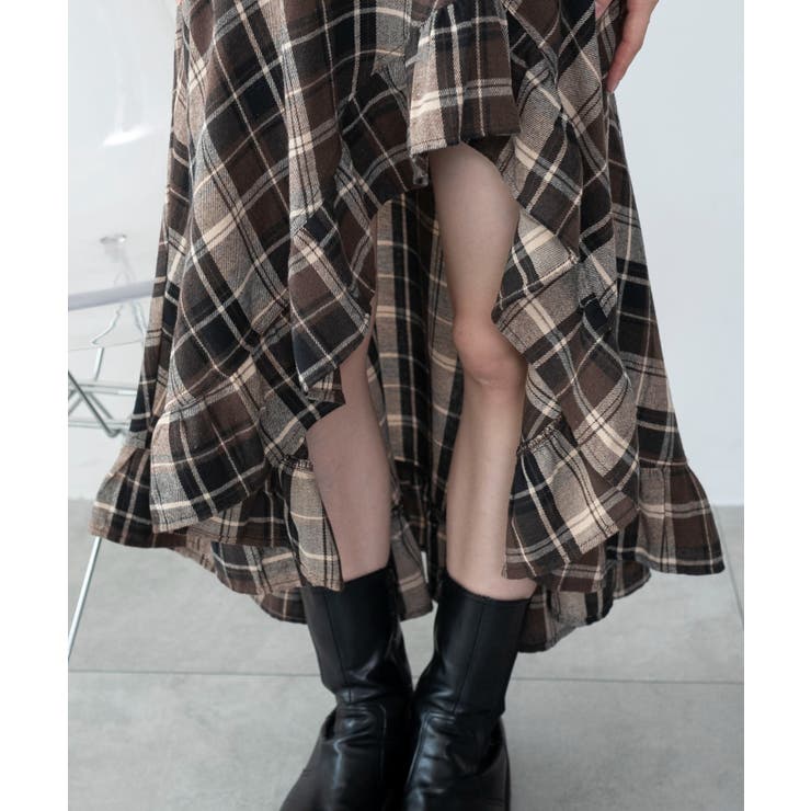 慈雨　ジウ　ブラック　黒　チェック柄 ロングスカート　変形 ロングスカートAW 九条ねぎ（黒） | 青衣 あをごろも
