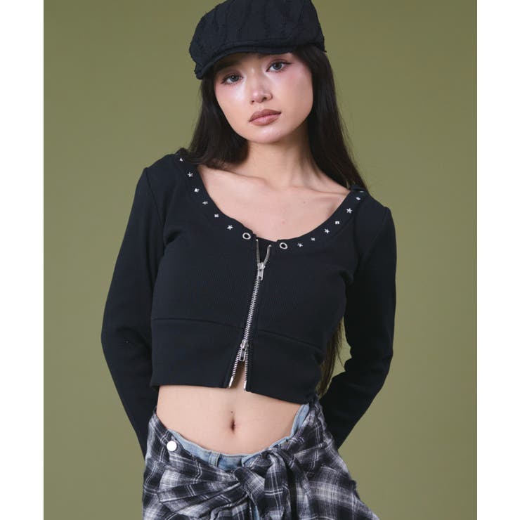 ネックラインスタッズZIPトップ[品番：WG010096126]｜WEGO