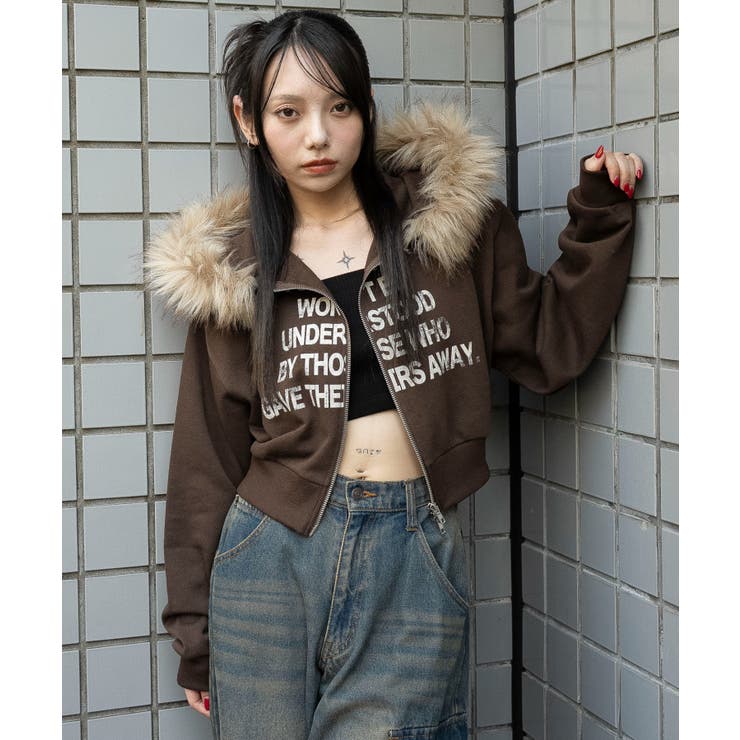 ブラウン | ファーフードショートZIPパーカー | WEGO【WOMEN】