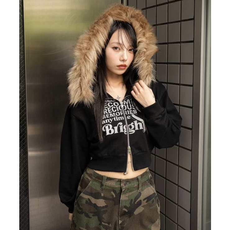 ブラック | ファーフードショートZIPパーカー | WEGO【WOMEN】