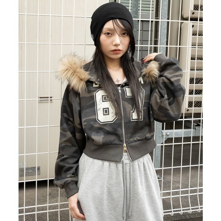 柄1 | ファーフードショートZIPパーカー | WEGO【WOMEN】