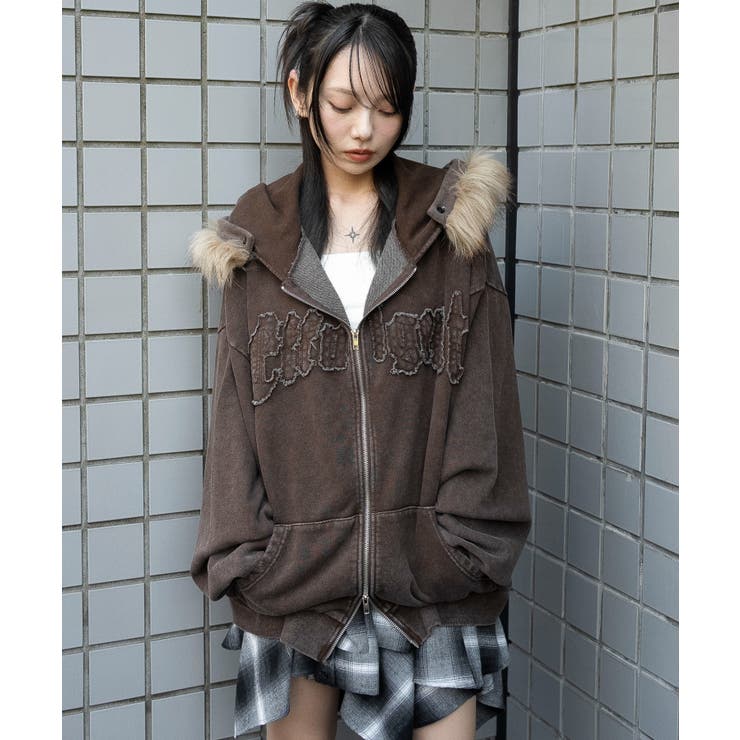 y2k グランジフードジャケット goa ラクーンファー付レザーフード