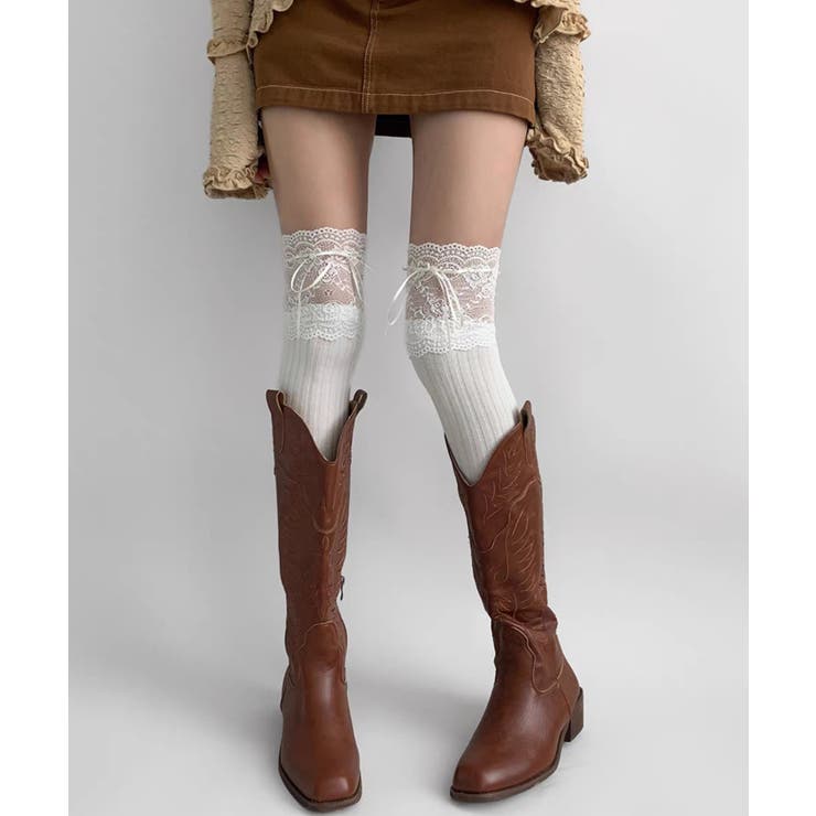 ホワイト | リボンレース切替ニーハイソックス | WEGO【WOMEN】