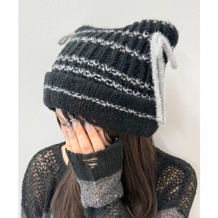 ブラック | ラメリボンネコミミニットキャップ | WEGO【MEN】