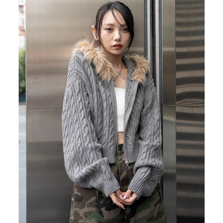 グレー | フェイクファー付きケーブルニットパーカー | WEGO【WOMEN】