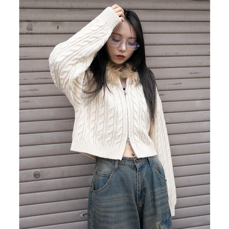 フェイクファー付きケーブルニットパーカー | WEGO【WOMEN】 | 詳細画像9 