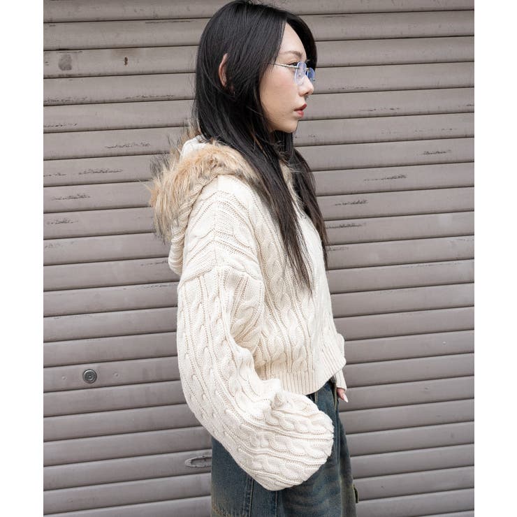 フェイクファー付きケーブルニットパーカー | WEGO【WOMEN】 | 詳細画像14 