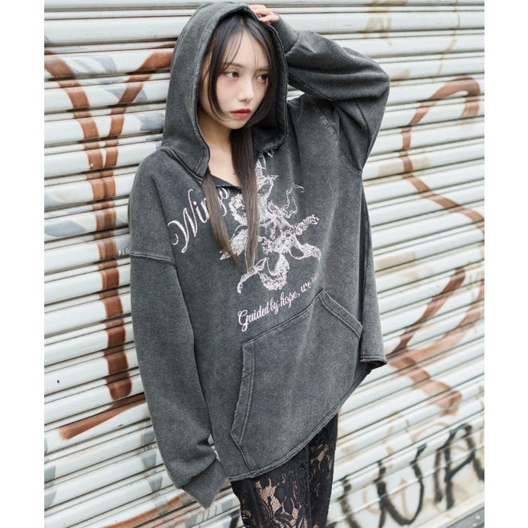 ヴィンテージグラフィックキーネックプルパーカー[品番：WG010096415