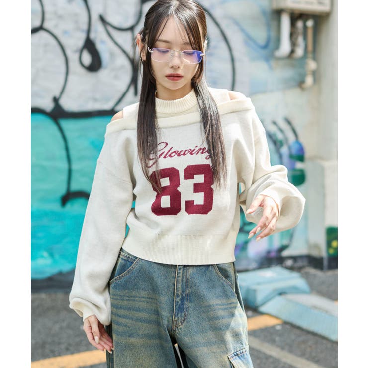 ホワイトアイボリー | オープンショルダーナンバリングニット | WEGO【WOMEN】