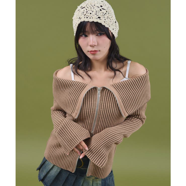 ブラウン | オフショルダブルジップニット | WEGO【WOMEN】