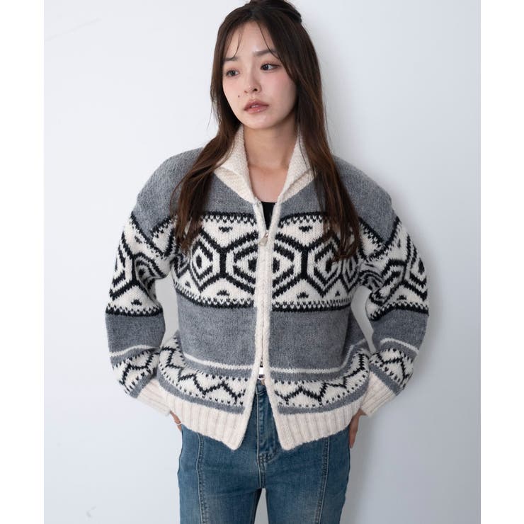 グレー | トライバル柄カウチンジップニット | WEGO【WOMEN】