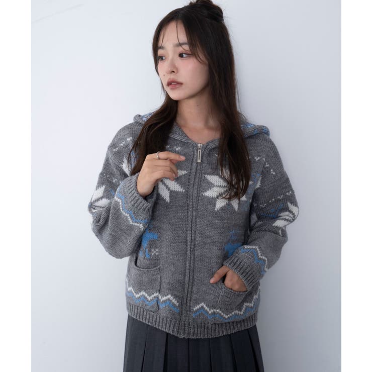 グレー | 雪柄ZIPフードカーディガン | WEGO【WOMEN】