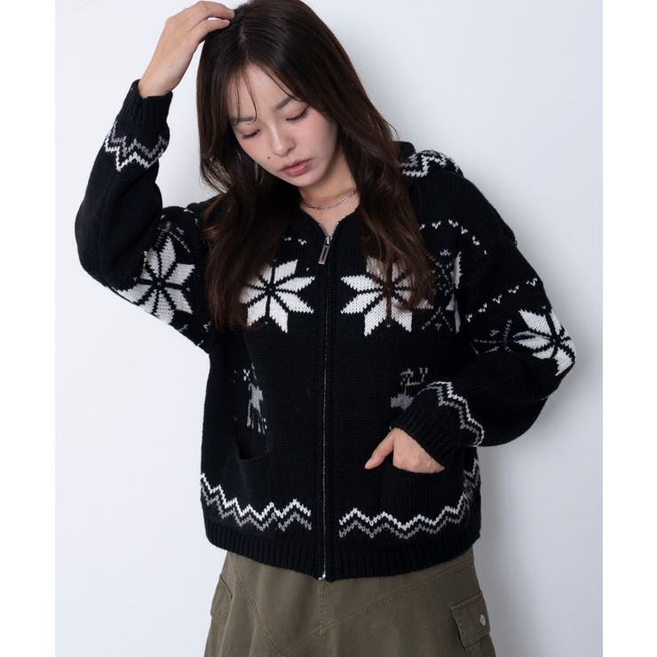 ブラック | 雪柄ZIPフードカーディガン | WEGO【WOMEN】
