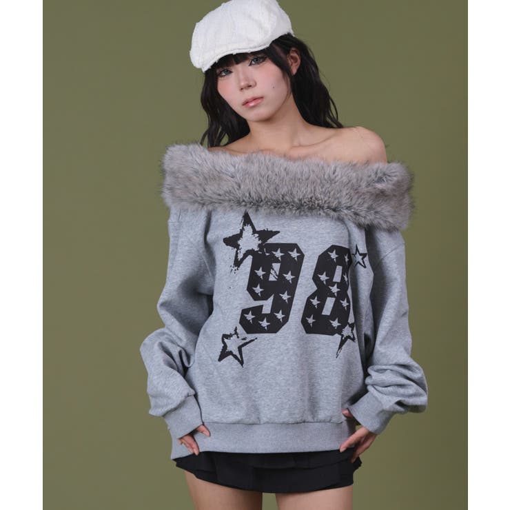 杢グレー | ファーオフショルダースターロゴプルオーバー | WEGO【WOMEN】