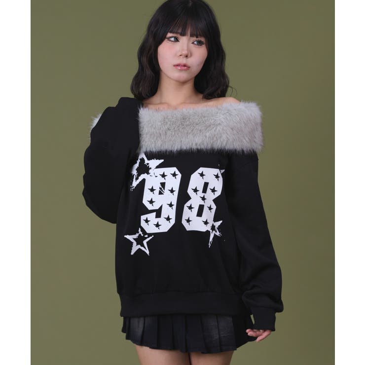 ブラック | ファーオフショルダースターロゴプルオーバー | WEGO【WOMEN】