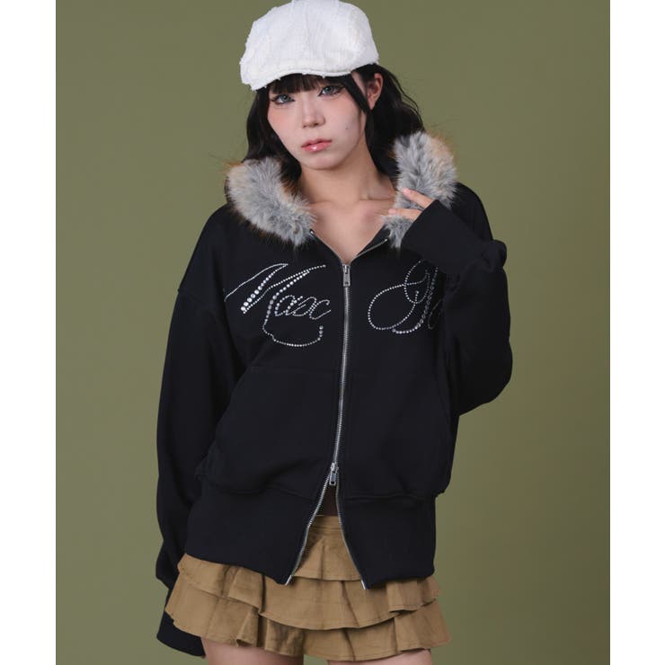 ブラック | ラインストーンロゴファ-ジップーパーカー | WEGO【WOMEN】