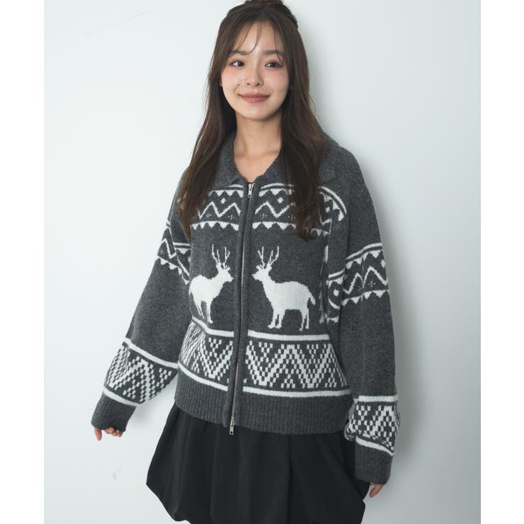 ダークグレー | 雪柄ダブルジップニット | WEGO【WOMEN】