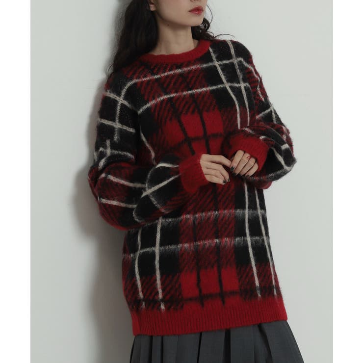 レッドチェック1 | シャギーパターンニットBIGプルオーバー | WEGO【WOMEN】