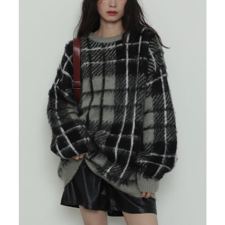 グレーチェック1 | シャギーパターンニットBIGプルオーバー | WEGO【WOMEN】