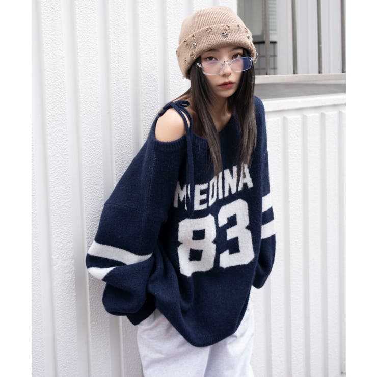 ネイビー | フラッフィー2WAYグラフィックワンショルBIGニット | WEGO【WOMEN】