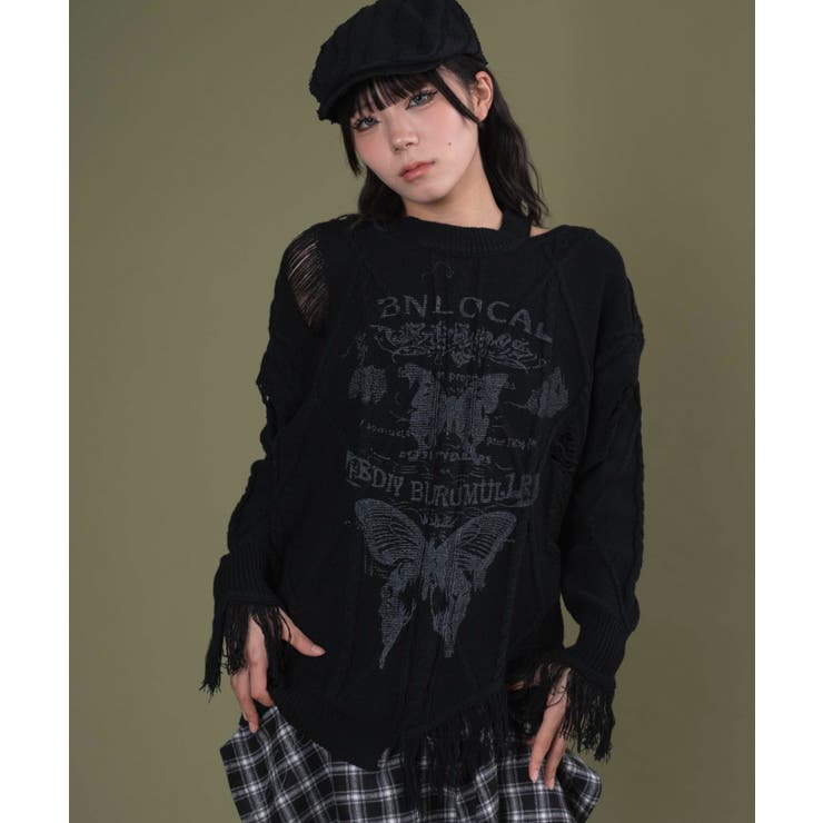 ブラック | ダメージバタフライフリンジニット | WEGO【WOMEN】