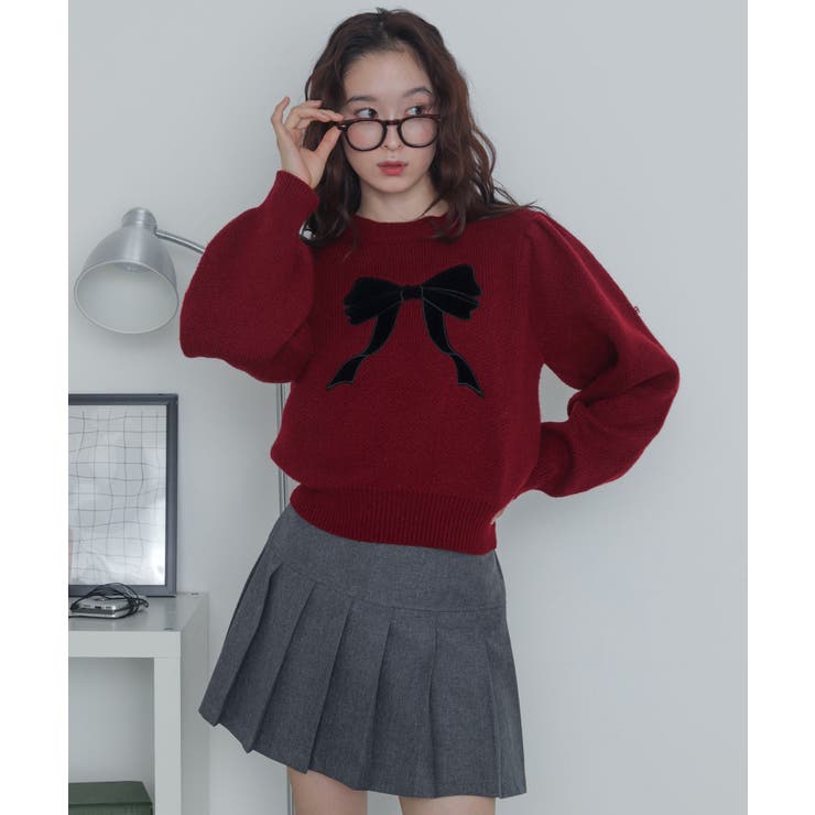 ワイン | ベロアリボンアップリケタックスリーブニット | WEGO【WOMEN】