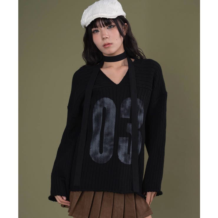 ブラック | Vネックナンバービッグニット | WEGO【WOMEN】
