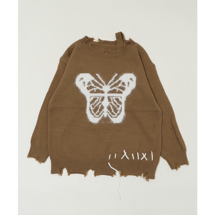 ブラウン | バタフライダメージニット | WEGO【WOMEN】
