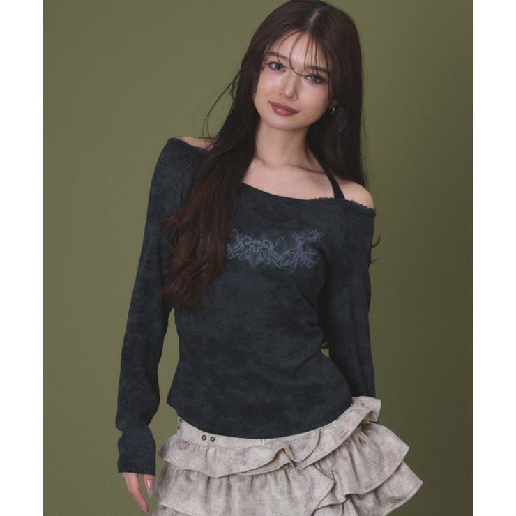 ブラック | グラフィックオフショルレーストップ | WEGO【WOMEN】