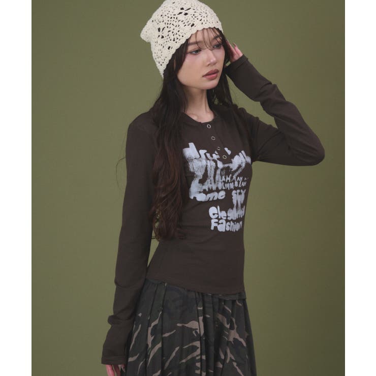ブラウン | ヘンリーネックロゴトップ | WEGO【WOMEN】