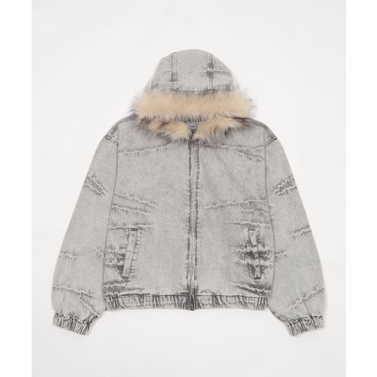 グレー | ファーフードスラッシュデニムブルゾン | WEGO【MEN】