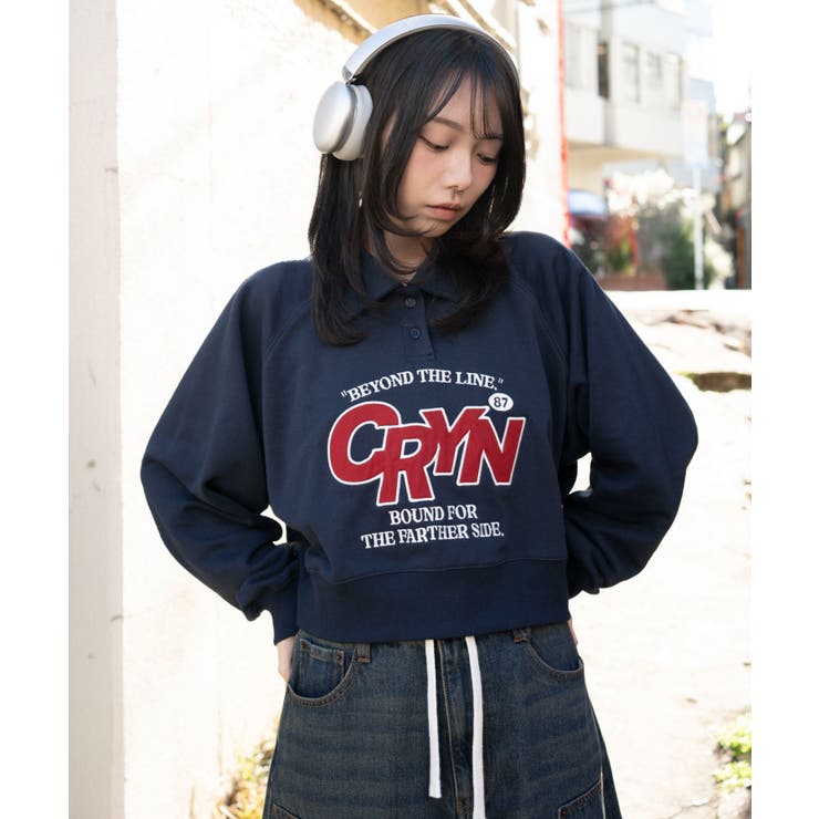 ネイビー | 襟付きグラフィックショートスウェット | WEGO【WOMEN】