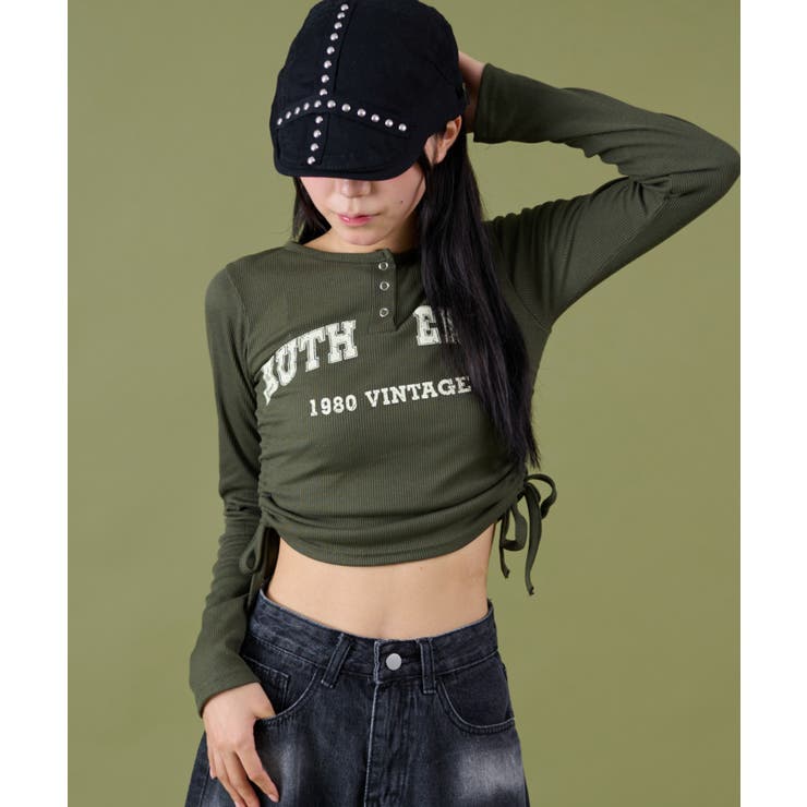 カーキ | サイドギャザーヘンリーネックロゴTOP | WEGO【WOMEN】