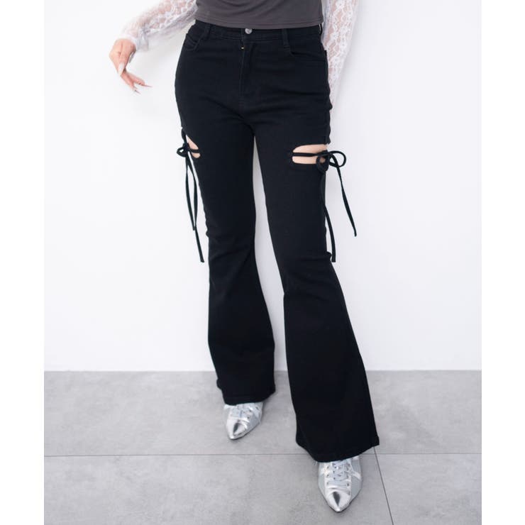 64 | カットアウトリボンストレッチフレアデニムパンツ | WEGO【WOMEN】