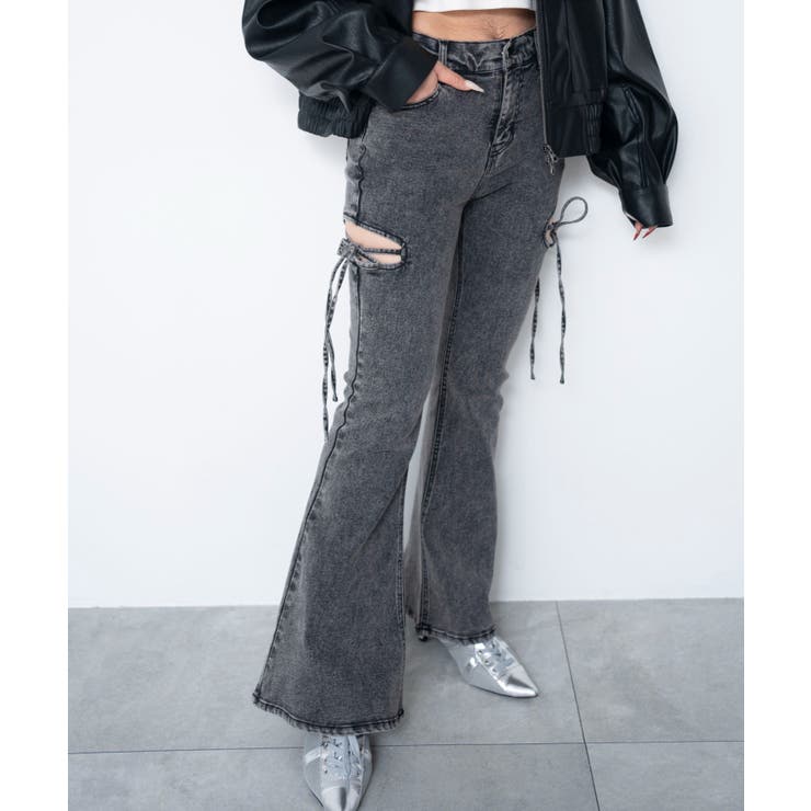 ブラックその他 | カットアウトリボンストレッチフレアデニムパンツ | WEGO【WOMEN】