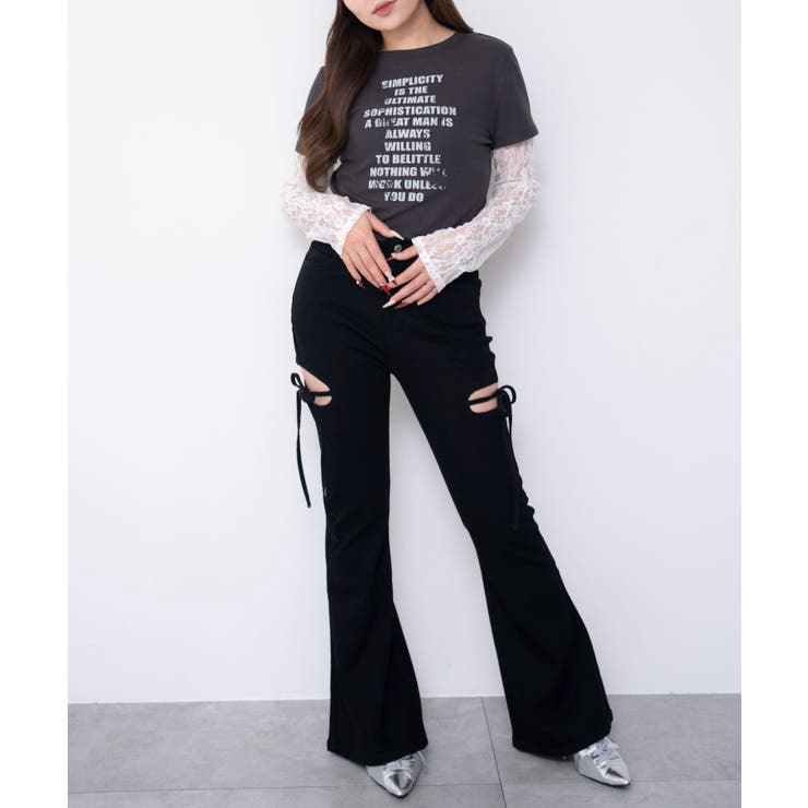 カットアウトリボンストレッチフレアデニムパンツ | WEGO【WOMEN】 | 詳細画像4 