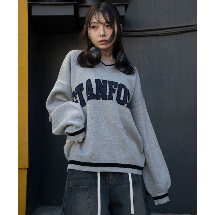 杢グレー | VネックグラフィックニットBIGプルオーバー | WEGO【WOMEN】