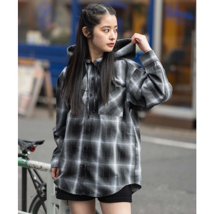ブラック | フードチェックシャツ | WEGO【WOMEN】