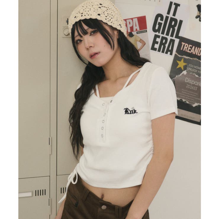 ホワイト | ヘンリーネックロゴ刺繍T | WEGO【WOMEN】