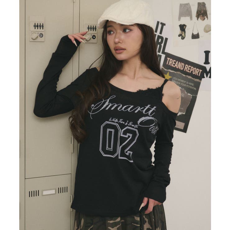 ブラック | ワンショルダーナンバリングロゴT | WEGO【WOMEN】