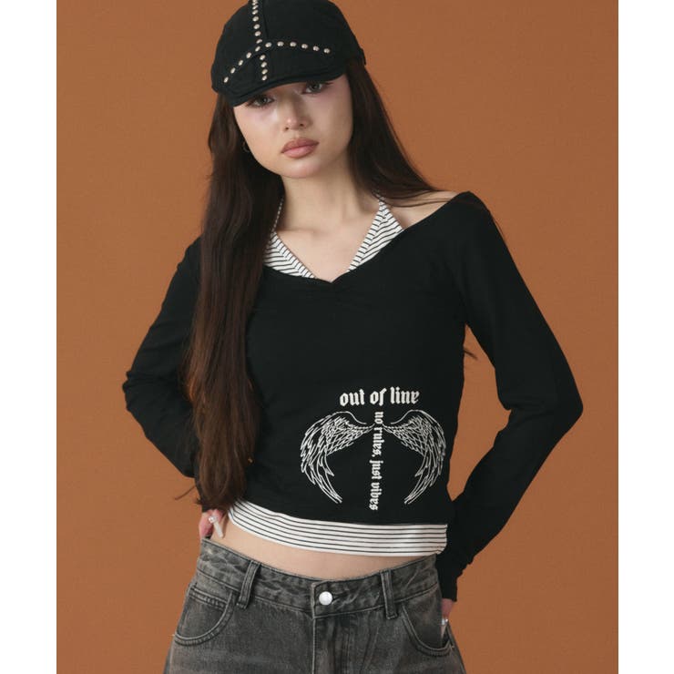 ブラック | ボーダーレイヤードウィングトップ | WEGO【WOMEN】