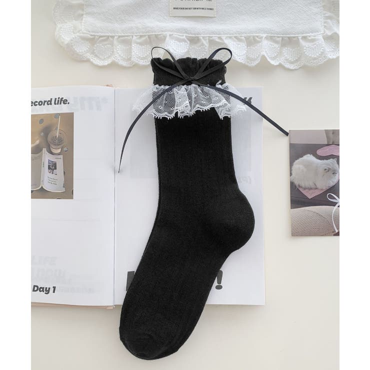 ブラック | フリルレース付きリボンソックス | WEGO【WOMEN】