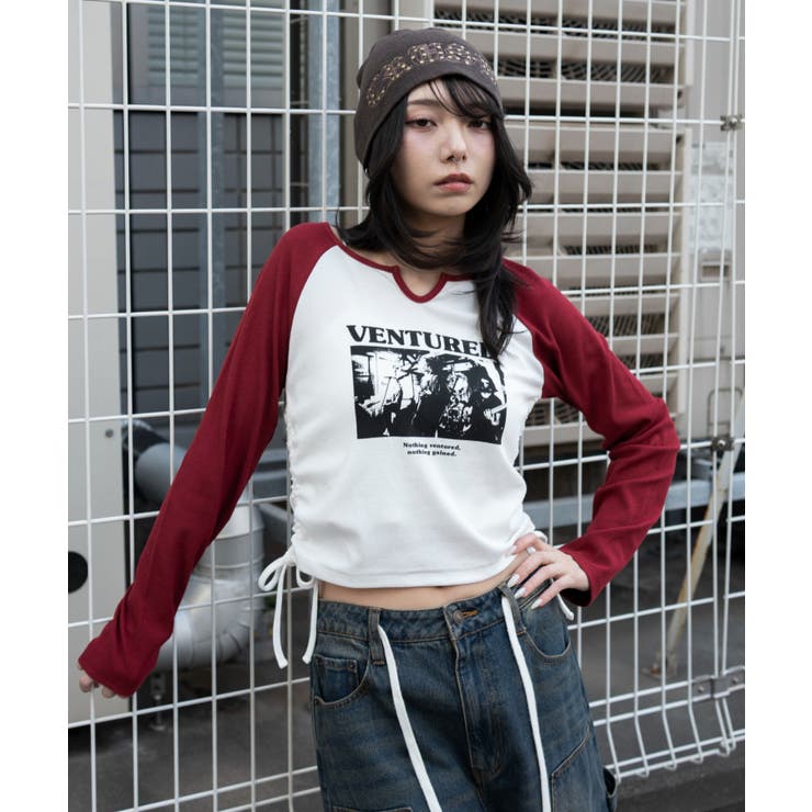 レッド | サイドドロストキーネックロンT | WEGO【WOMEN】