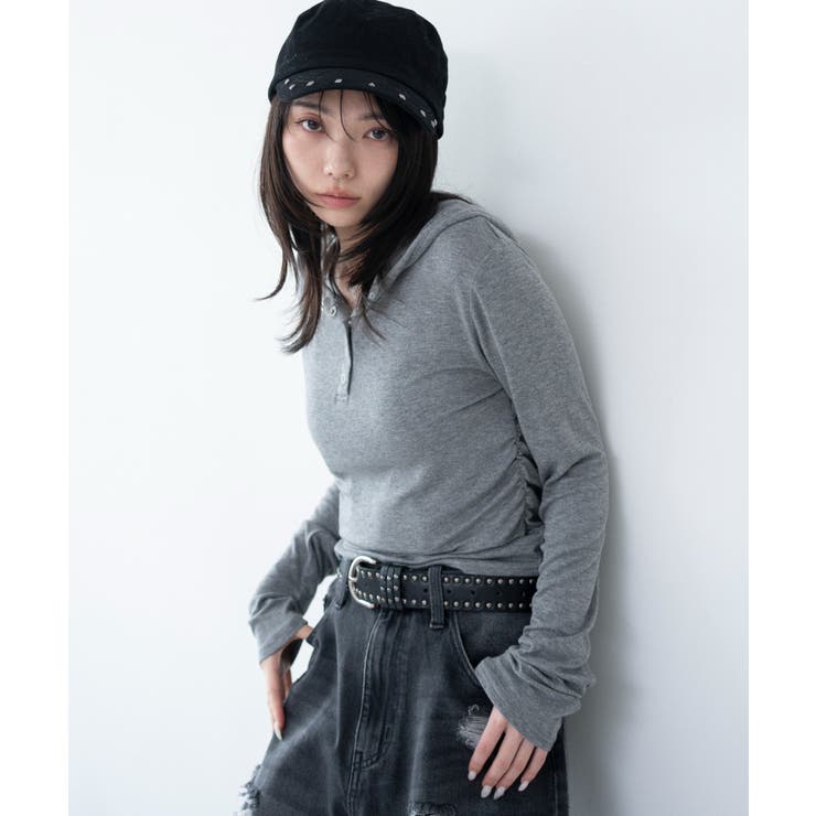 杢グレー | ヘンリーネックフードロンT | WEGO【WOMEN】